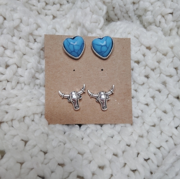 2 for $20! Blue Heart and Silver Bull womens Earrings - Picture 2 of 4